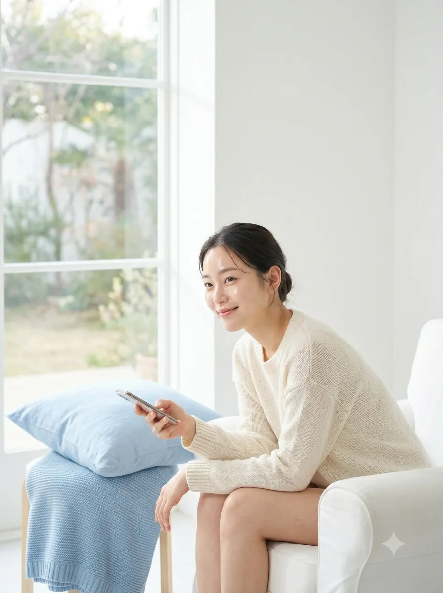 밝은 창가에서 스마트폰을 보며 미소 짓는 여성