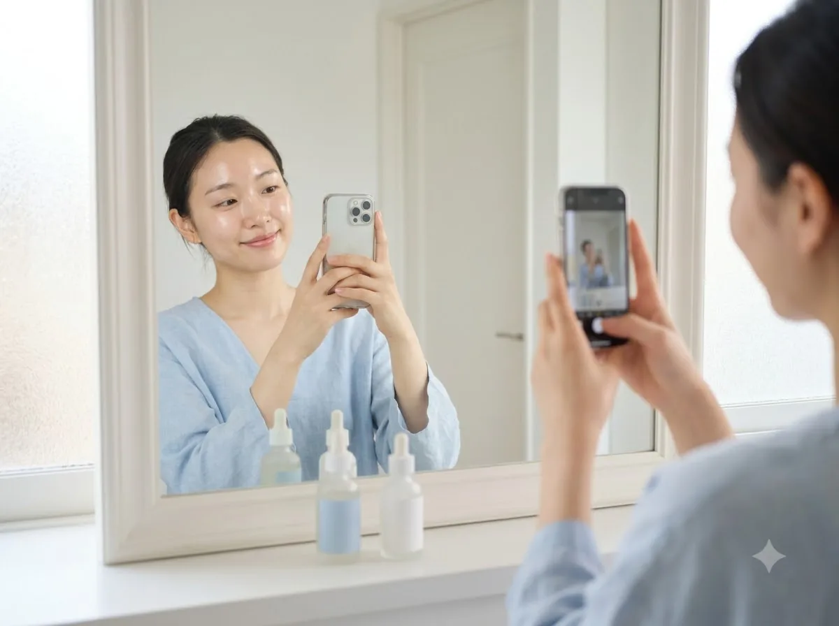 Woman taking a selfie in front of a mirror