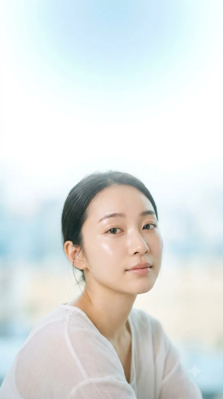 부드러운 하늘색 빛 아래 맑은 피부의 여성